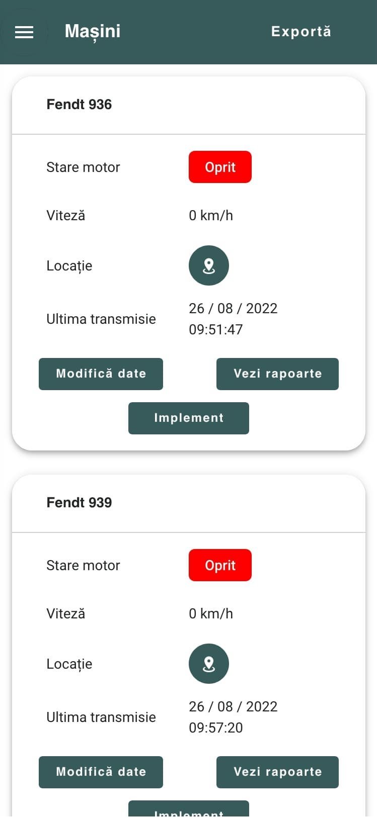 The agricultural vehicle listing screen on mobile, in the agriculture farm management software platform, has a different appearance to allow quick access to information to the farmer.