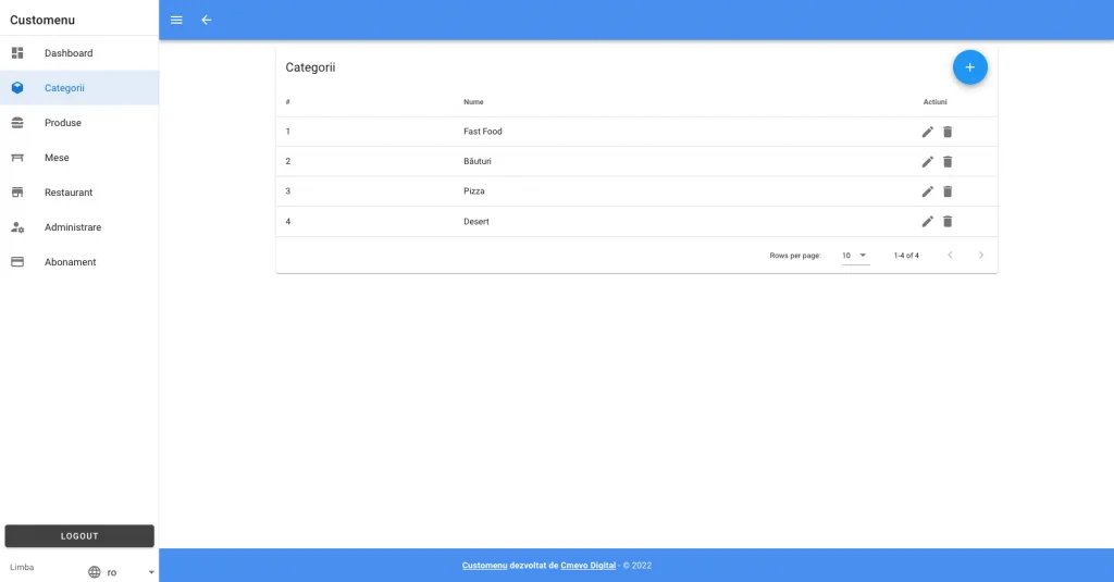 Categories screen of Customenu platform. Ecranul de categorii al platformei Customenu.