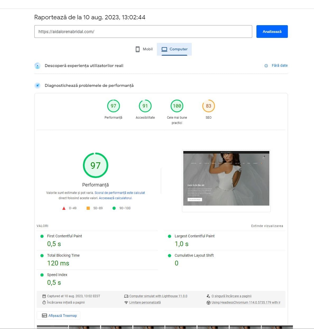 rezultate page speed insights aidalorenabridal.com, magazin online pentru rochii de mireasa